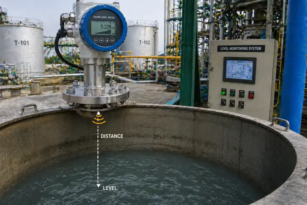 Ilustrasi Radar Level Meter yang dipasang di atas tangki untuk mengukur level cairan tanpa kontak langsung menggunakan gelombang radar.