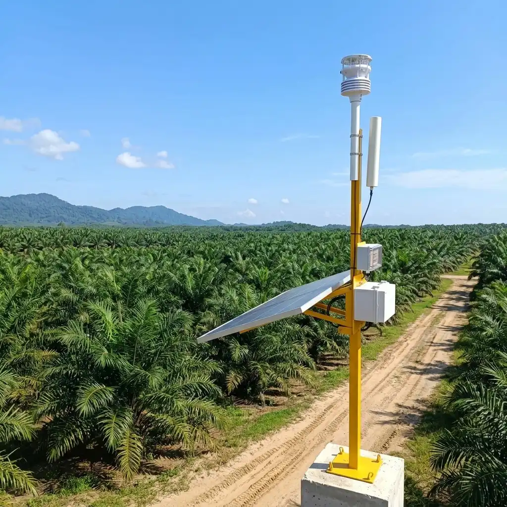 Ilustrasi perangkat tangguh stasiun telemetri Sensor Cuaca AWS buatan Fortuna Argatech terpasang kokoh di tengah area perkebunan kelapa sawit yang hijau dan luas pada siang hari yang cerah.