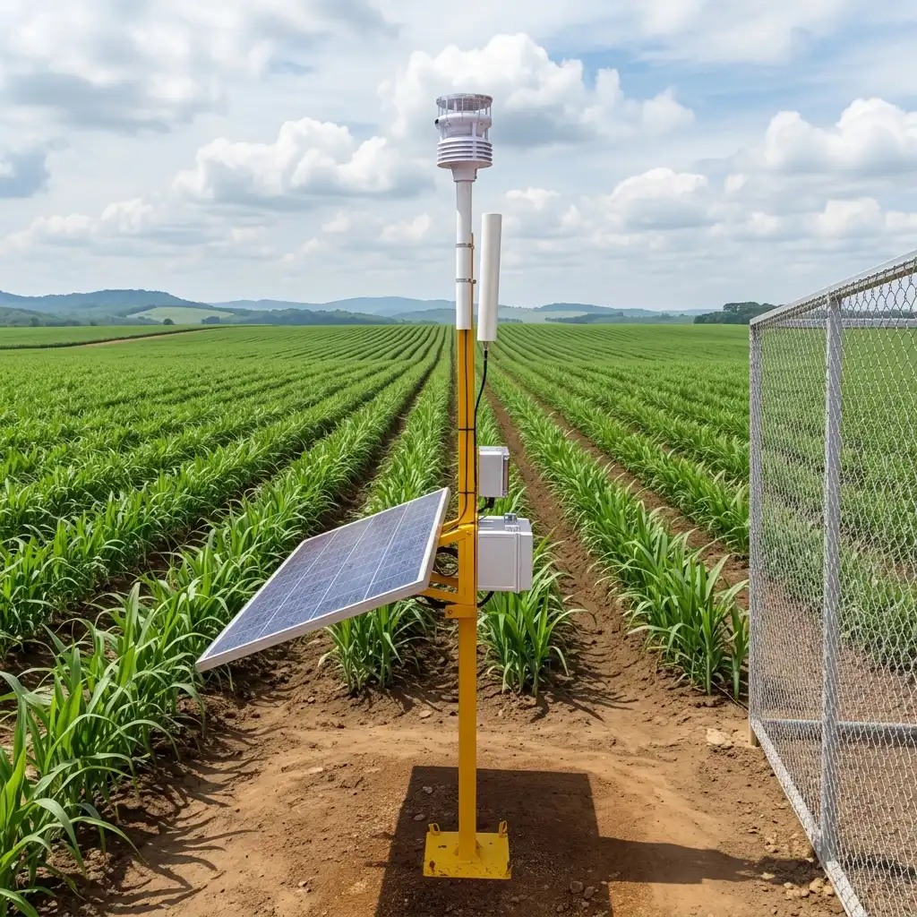 A highly illustration rugged industrial AWS Weather Sensor telemetry box manufactured by Fortuna Argatech securely installed on a steel pole inside a massive agricultural plantation during clear bright daytime.