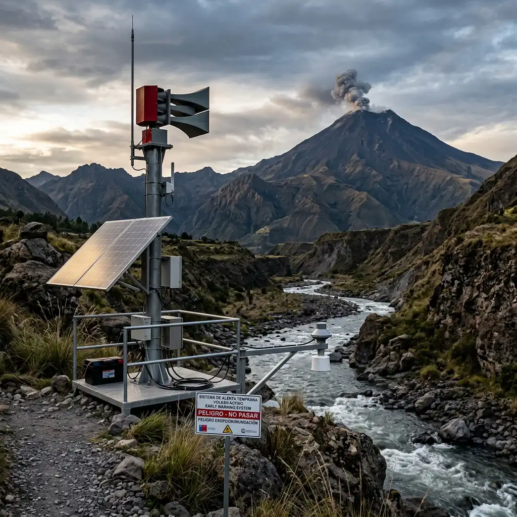 Illustration of a Fortuna Argatech telemetry station for a Cold Lava Early Warning System installed in a rugged river valley to detect volcanic debris flow.