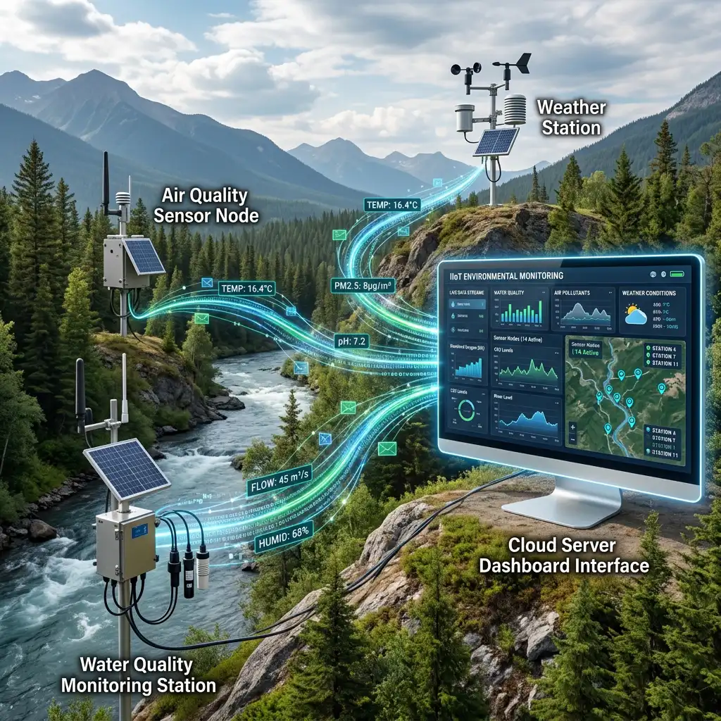 Illustration of Fortuna Argatech's IIoT sensor network connected to an environmental monitoring dashboard.