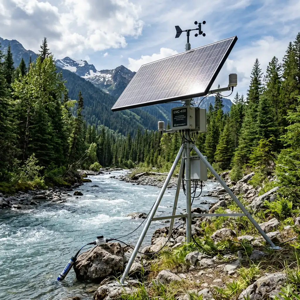 Stasiun sensor lingkungan dari Fortuna Argatech yang beroperasi menggunakan panel surya di area hutan terpencil.