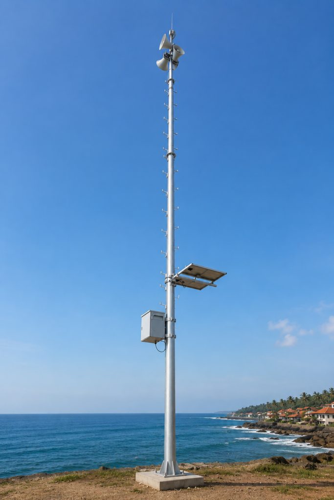 A sturdy Fortuna Argatech EWS Tsunami siren tower installed on a coastline.