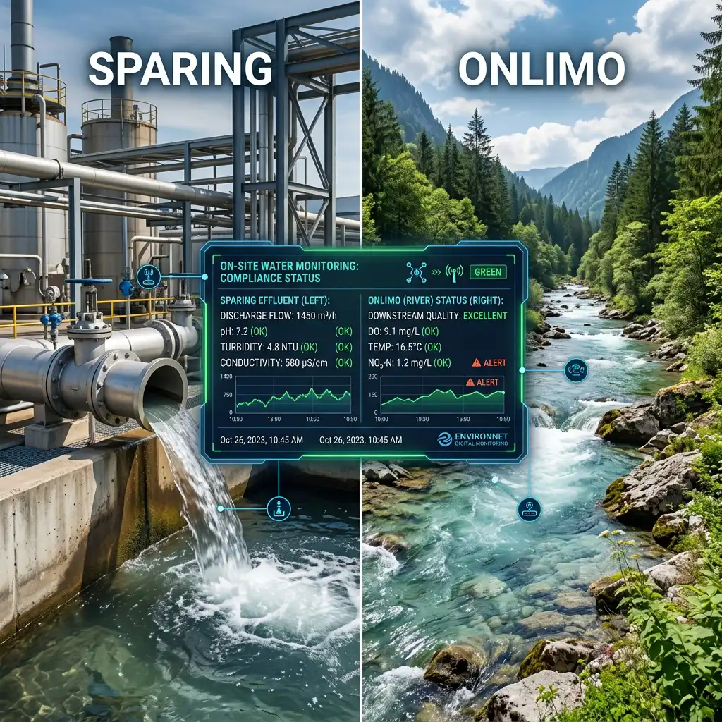 Illustration comparing SPARING industrial wastewater sensors and ONLIMO natural river water monitoring by Fortuna Argatech.
