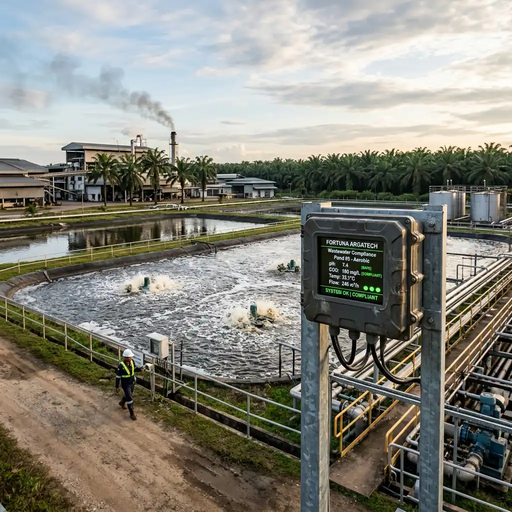 A rugged Fortuna Argatech telemetry sensor panel installed directly in a palm oil mill wastewater treatment pond to constantly monitor discharge quality parameters.