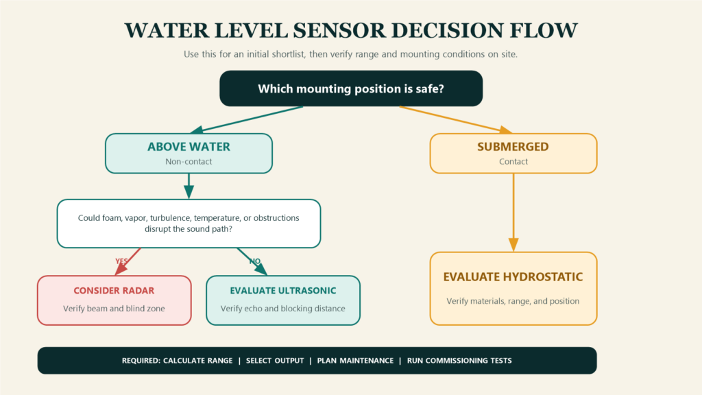 Choosingwaterlevelsensorsdecisionflow Fortuna Argatech Flow for choosing water level sensors by mounting position and site conditions