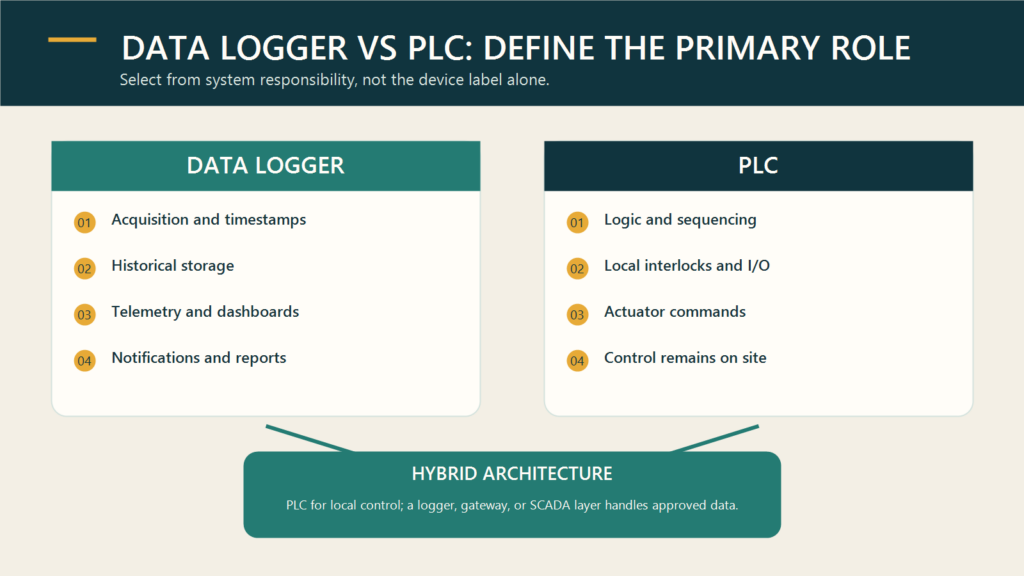 Dataloggervsplcdecisionen Fortuna Argatech Data logger vs plc decision diagram for monitoring, local control, or a hybrid architecture.