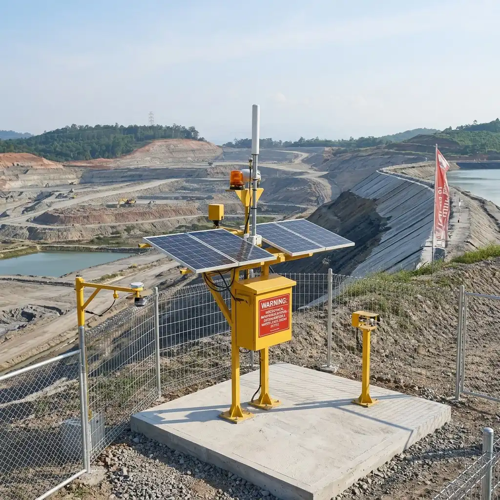 Illustration Tailings Dam EWS installation with extensometer and AWLR sensors from Fortuna Argatech in a mining area.