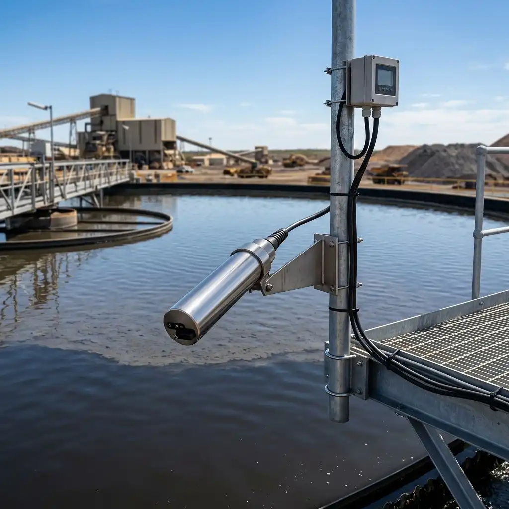 Illustration High-tech Mining TSS Sensor installation in a mining wastewater settling pond.