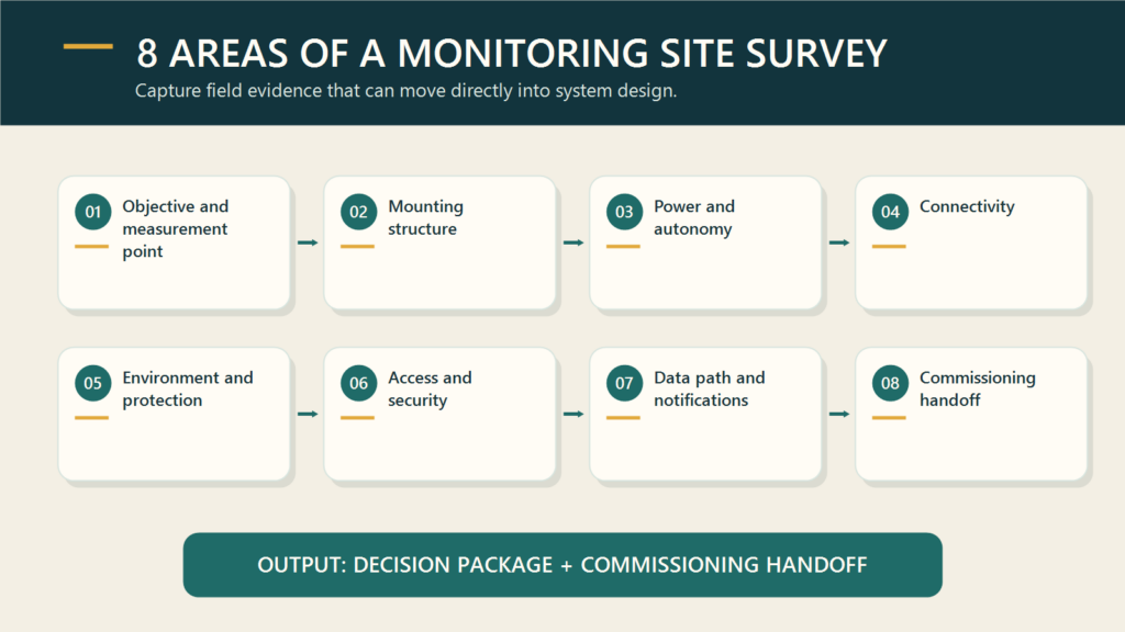 Eight monitoring site survey areas from measurement objective to commissioning handoff