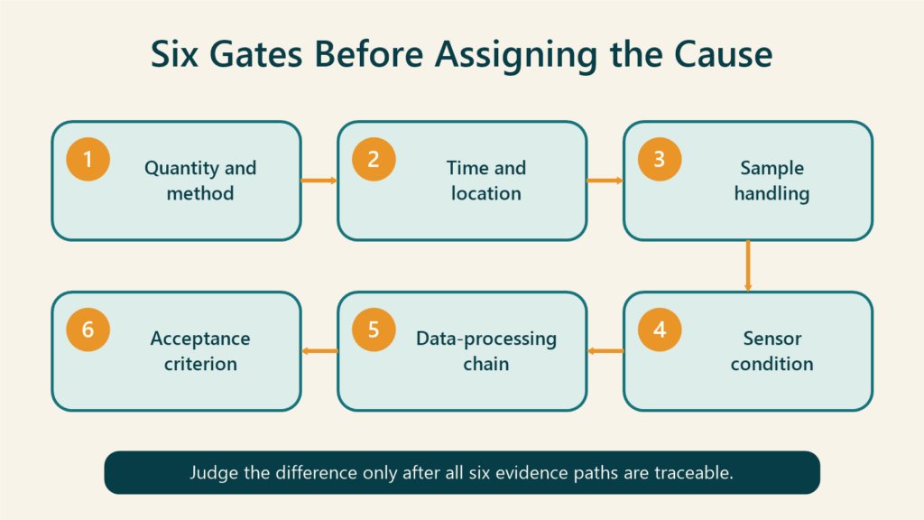 Six-gate workflow for reconciling online sensor readings with laboratory results