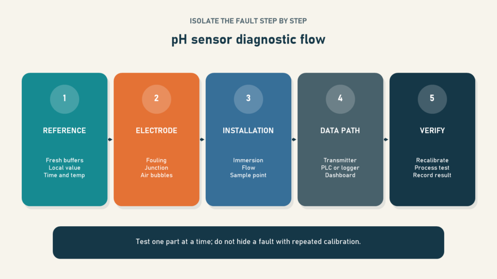 Ph sensor troubleshooting flow from reference verification to signal-chain checks