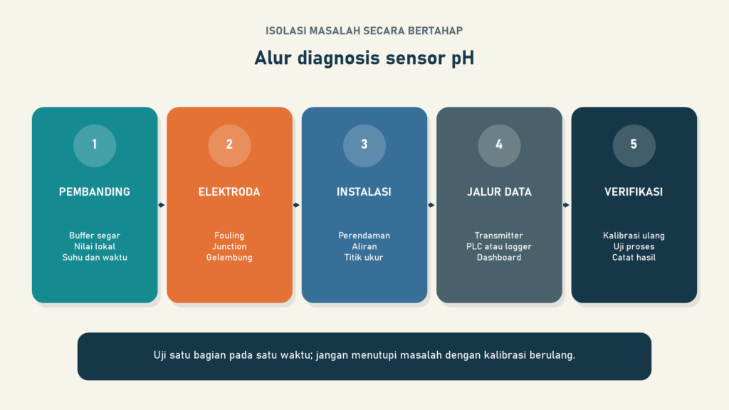 Alur troubleshooting sensor ph dari verifikasi pembanding hingga pemeriksaan rantai data