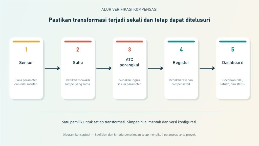 Alur pemeriksaan suhu, nilai mentah, kompensasi perangkat, register, dan dashboard