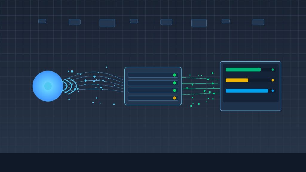 Conceptual illustration of sensor signal flowing through data logger channel configuration to engineering units on a monitoring dashboard