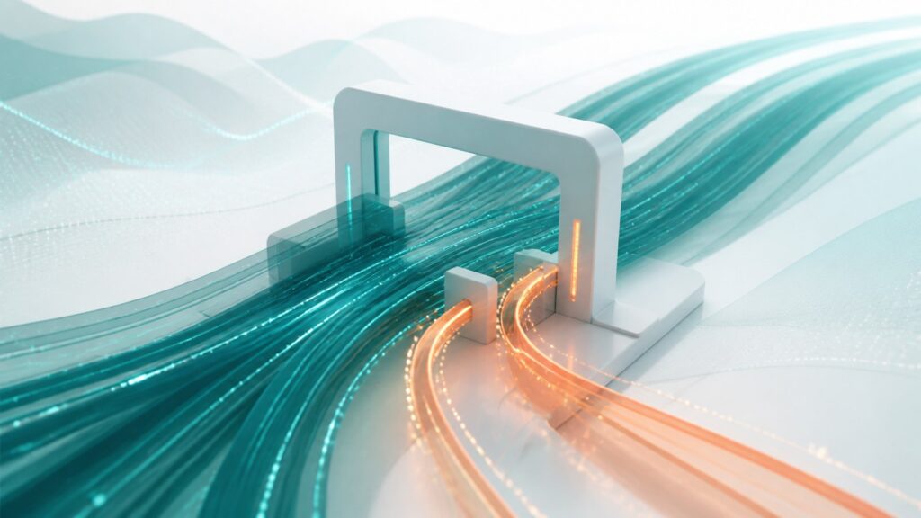 Conceptual illustration of sensor data flowing through a validation checkpoint in a data logger before transmission to a monitoring dashboard
