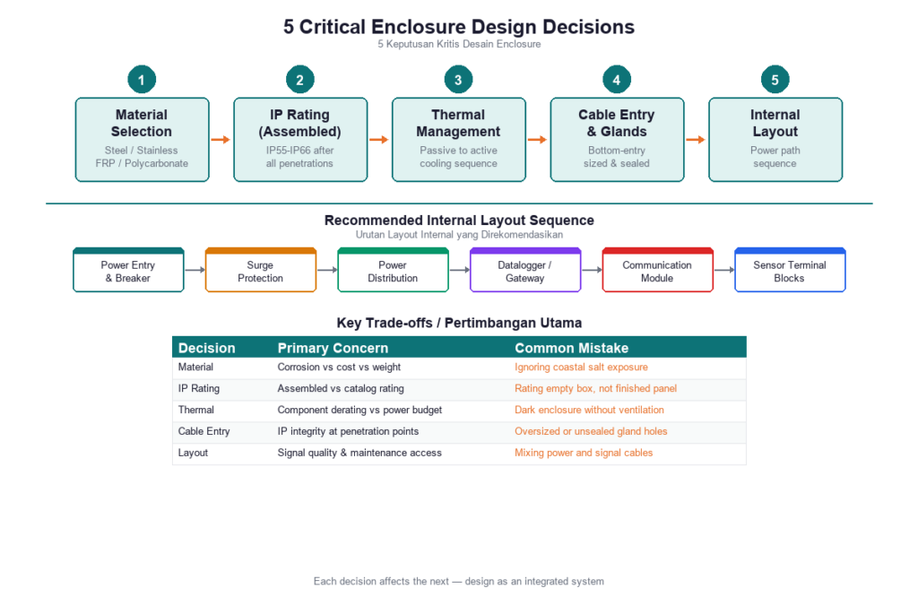 Five-decision enclosure design framework: material, IP rating, thermal, cable entry, layout