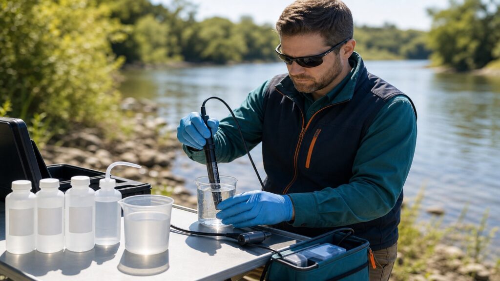 Field calibration verification scene with reference standard solutions near a water body