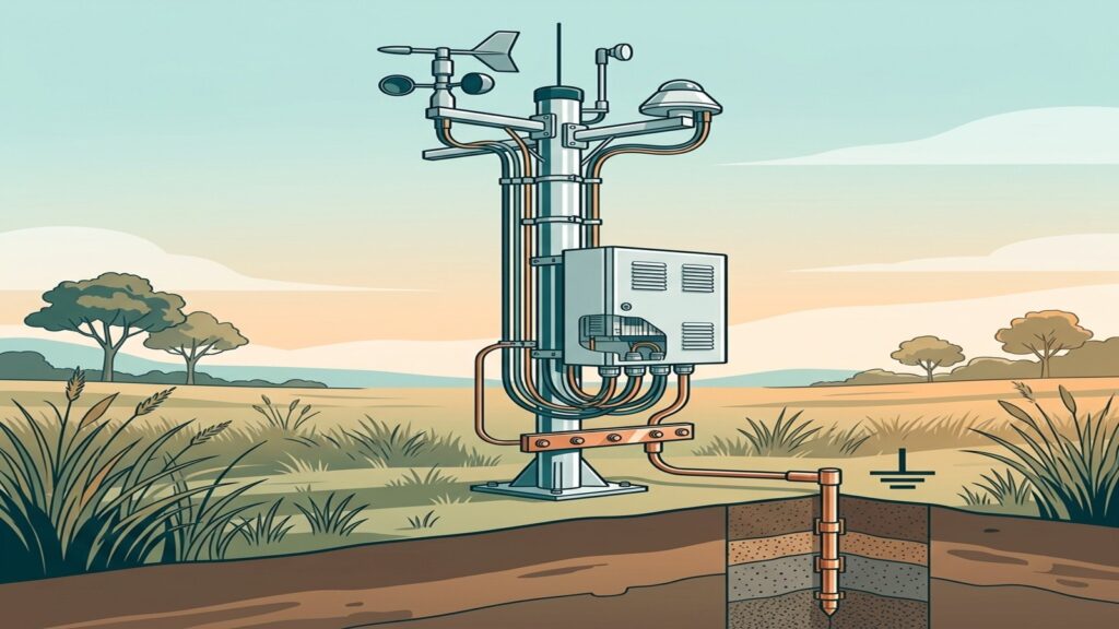 Conceptual illustration of a monitoring station with mast, enclosure, sensor cables, and grounding bus bar