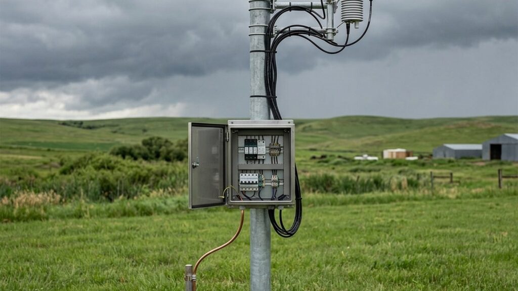Remote monitoring station with solar panel and sensors in an open area under storm clouds