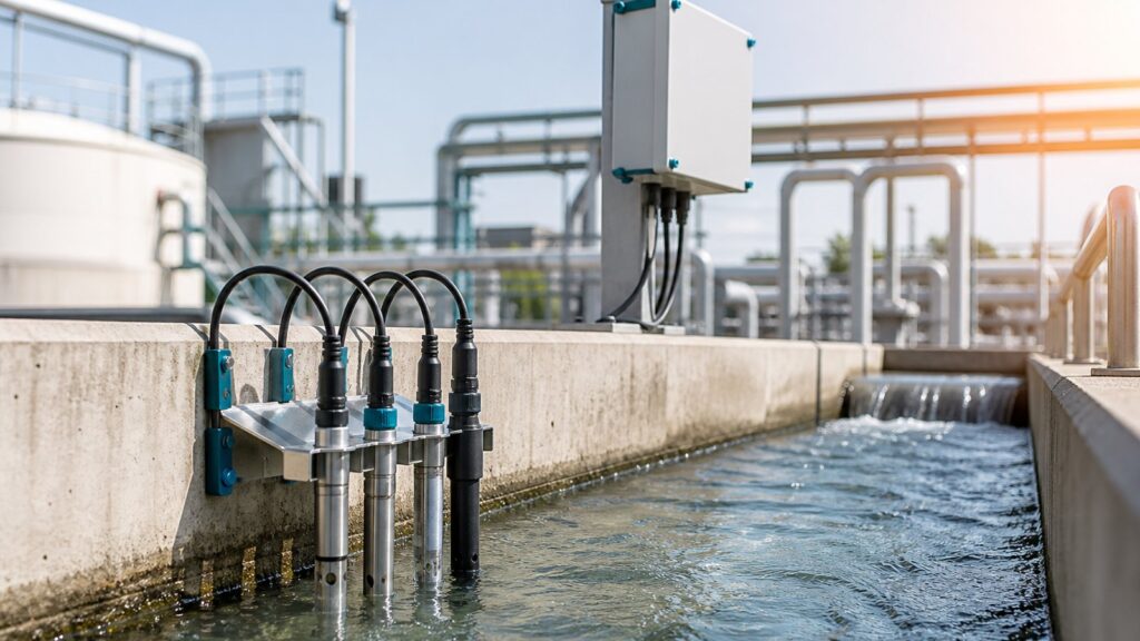 Outdoor environmental monitoring station with sensors and data logger at an industrial site