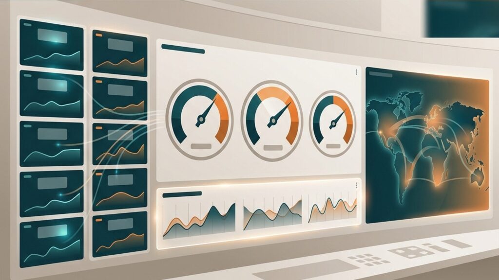 Conceptual illustration of a monitoring dashboard with trend charts, numeric panels, and alarm indicators