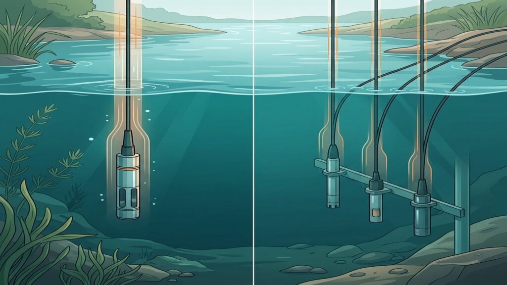 Conceptual illustration comparing a multiparameter probe and individual water quality sensors in a field monitoring context
