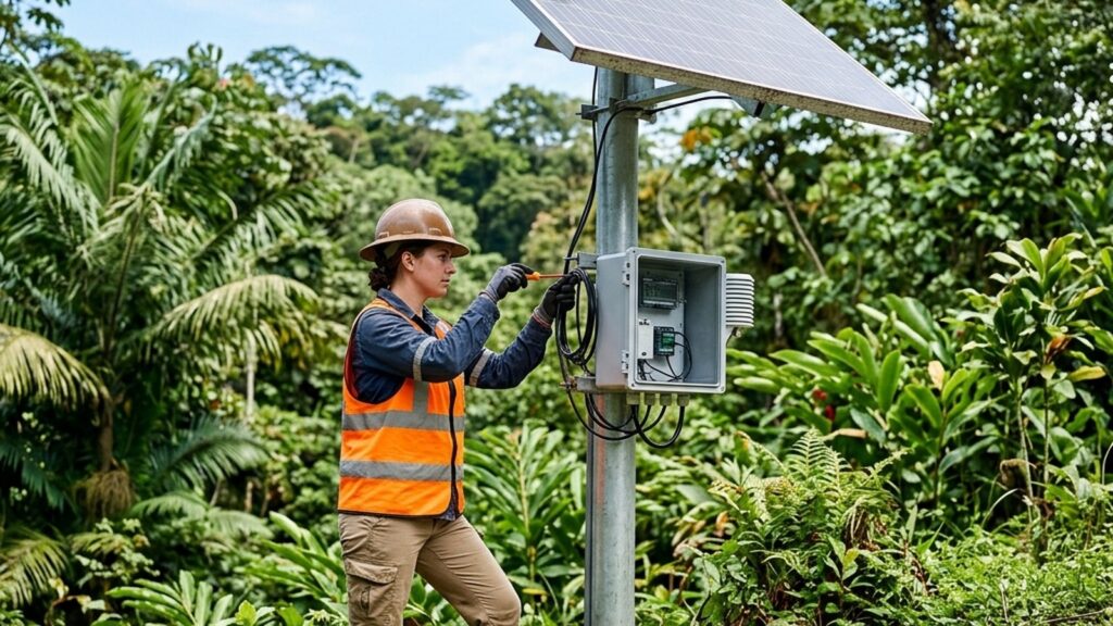 Technician inspecting solar panel and enclosure at an outdoor monitoring station