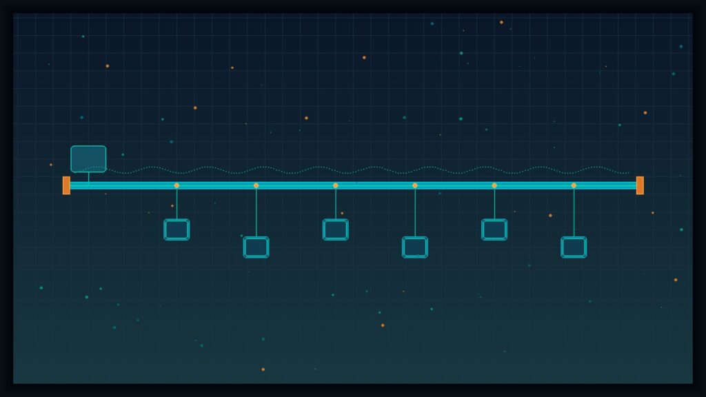 Conceptual illustration of RS-485 daisy-chain bus topology with multiple sensor nodes and a data logger