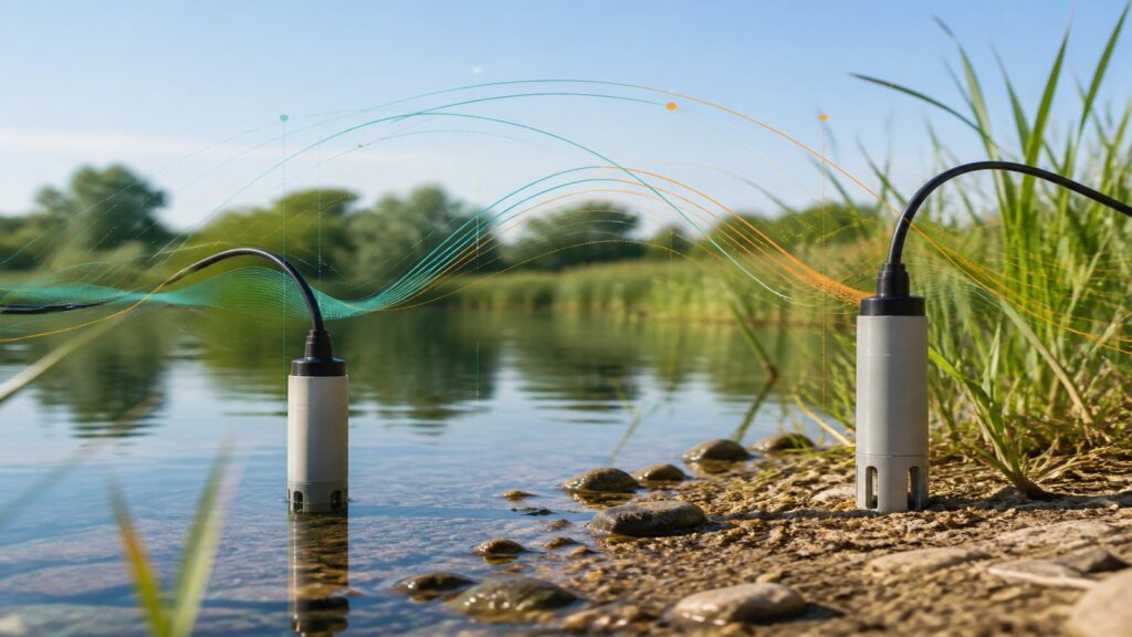 Conceptual illustration of two sensor probes near a water body with data paths showing cross-comparison