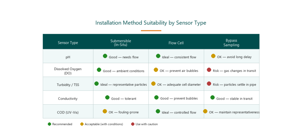 Installation method suitability matrix for water quality sensors — pH, DO, turbidity, conductivity