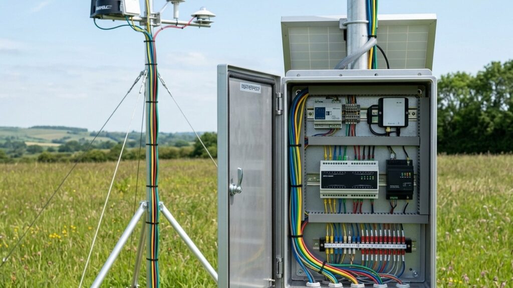 Kabel instrumen tersambung rapi dari sensor outdoor ke panel data logger di stasiun monitoring
