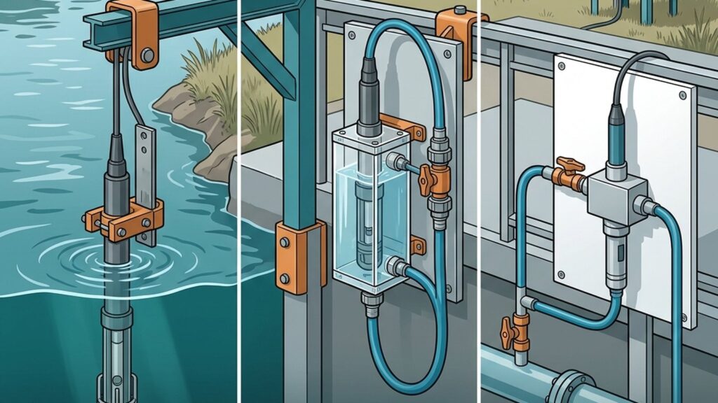 Illustration of three water quality sensor installation methods — submersible in water body, flow cell chamber, and bypass sampling line