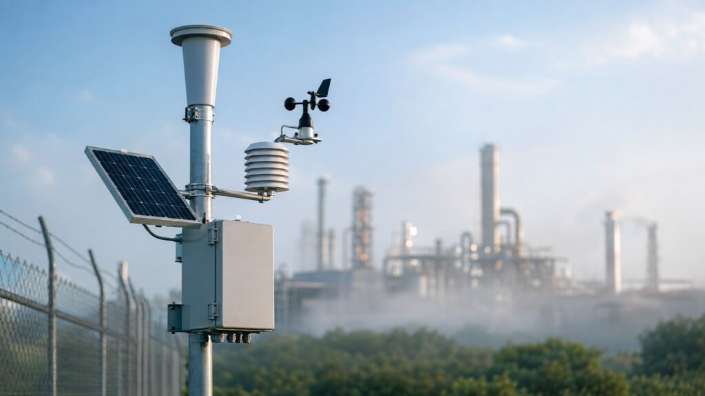 Outdoor continuous ambient air quality monitoring station with particulate sampling inlet and micro weather sensor in misty morning light