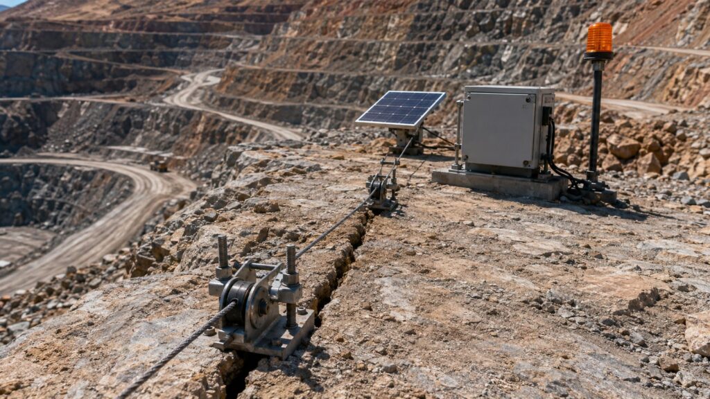 A modern open-pit mine bench monitoring station with a wireline extensometer anchored across a rock tension crack