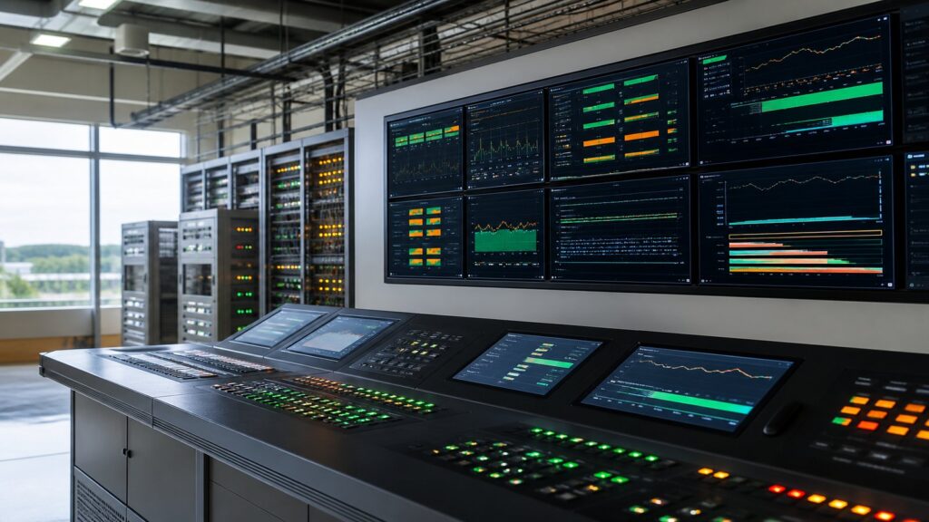 Server room of an industrial monitoring station showing control panels and data flow indicators