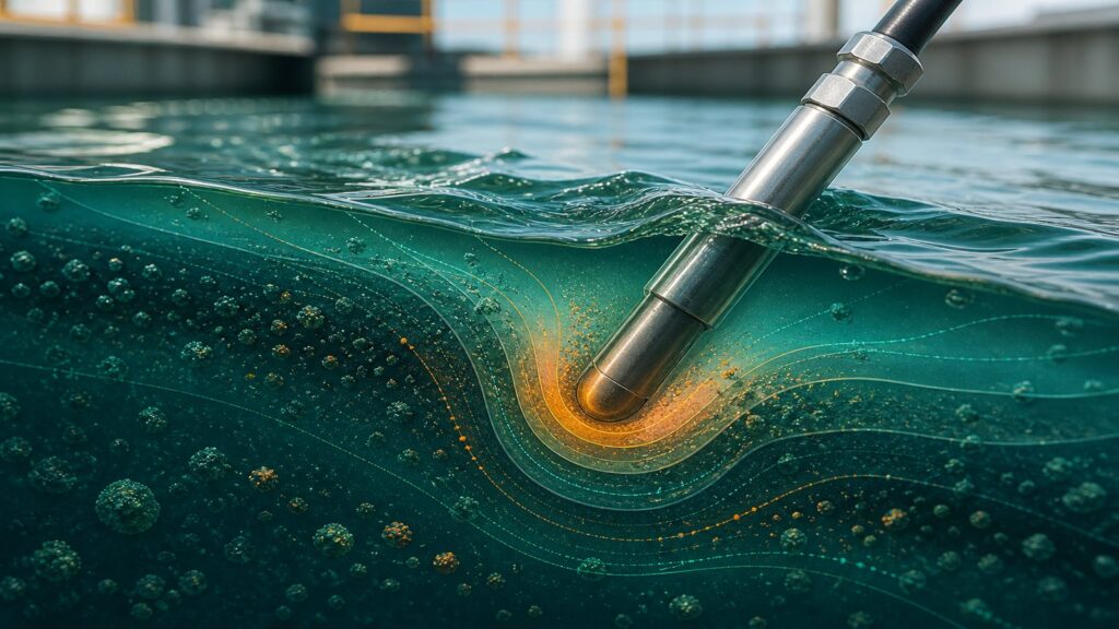 Conceptual illustration of various material layers of a sensor probe in highly corrosive industrial wastewater