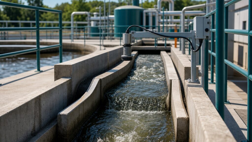 Industrial open-channel wastewater discharge point flow measurement structure level sensor treatment plant