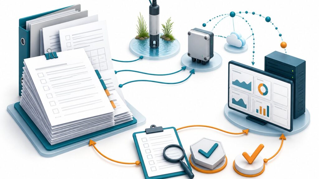 Conceptual illustration of a procurement specification document with environmental monitoring sensor system elements