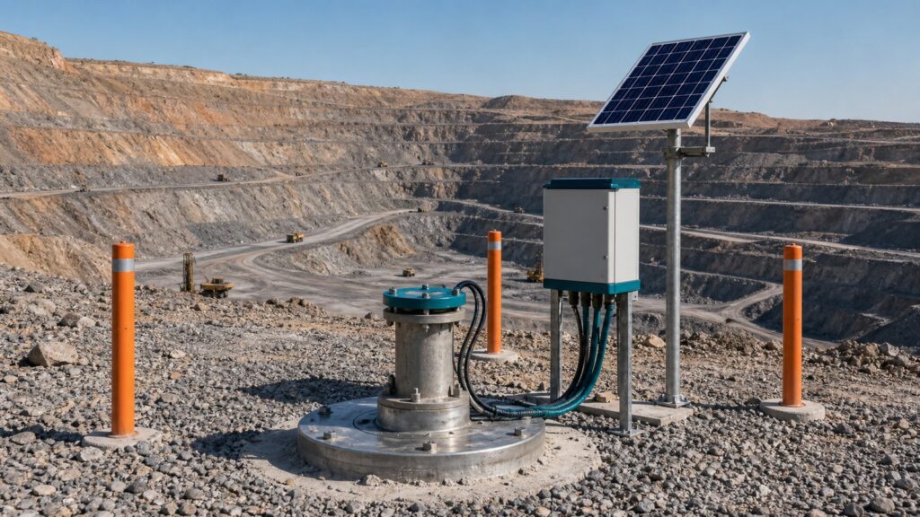 Geotechnical instrumentation borehole monitoring station on an open-pit mine bench with solar-powered telemetry enclosure